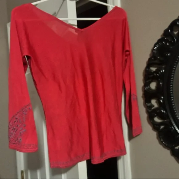 Etro Milano Red Embroidered V-Neck Women's Top - Picture 4 of 5